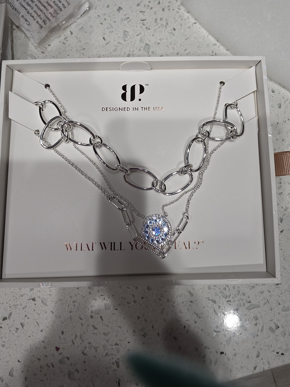 bp Silver Layered Chain Necklace with Blue Crystal Pendant